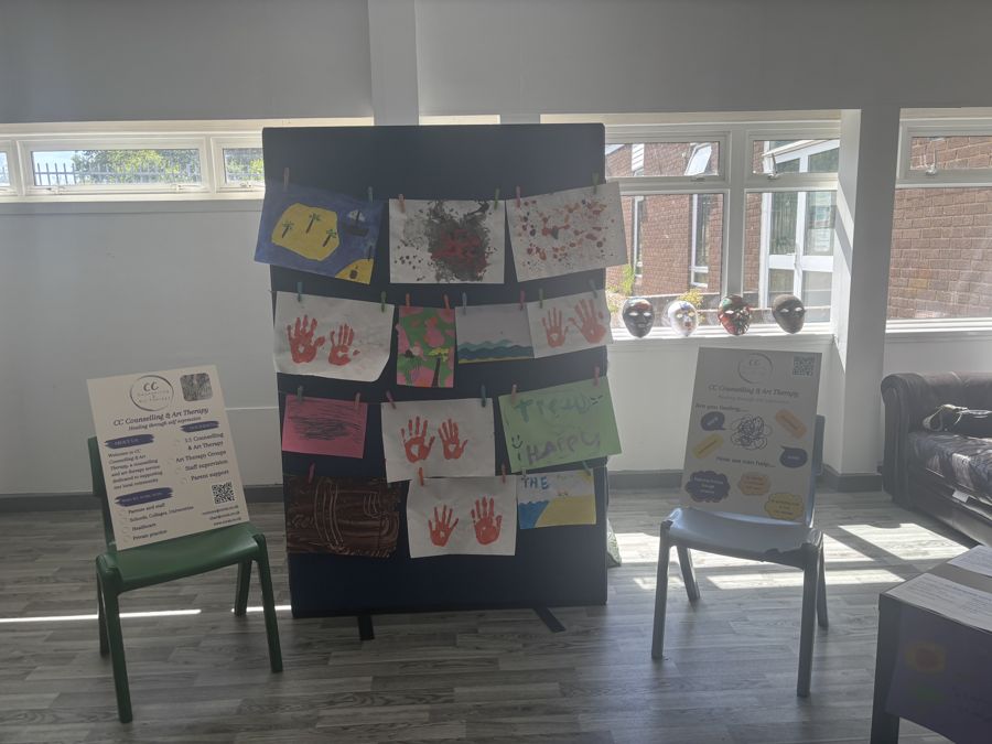 Artwork display board at a school event